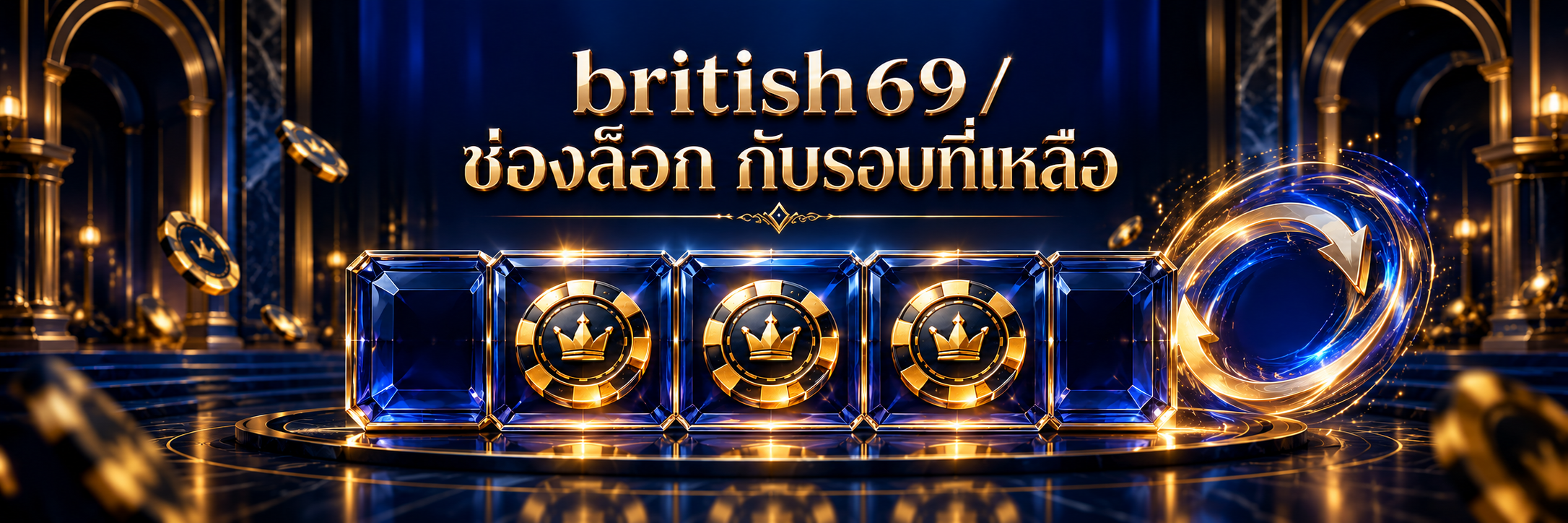 ตารางกระจกน้ำเงินกับชิปทองในสามช่องและวงรีสปิน